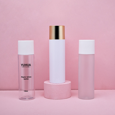 Bottiglie di imballaggio in plastica da 150 ml smerigliate trasparenti di colore personalizzato con tappo in alluminio dorato