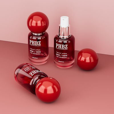 30ml / 1oz vuoto di vetro a gradiente rosso bottiglia di siero cosmetico con tappo a sfera rotonda, colore personalizzato OEM ODM imballaggio per la cura della pelle per lozione olio essenziale