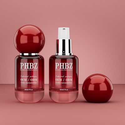 30ml / 1oz vuoto di vetro a gradiente rosso bottiglia di siero cosmetico con tappo a sfera rotonda, colore personalizzato OEM ODM imballaggio per la cura della pelle per lozione olio essenziale