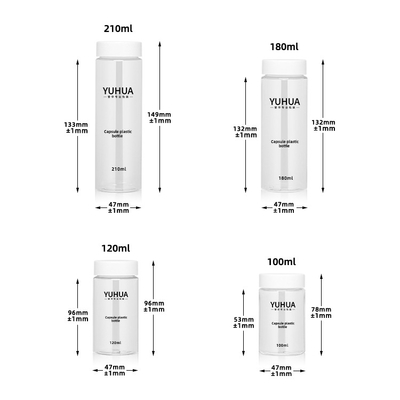 Chiara bottiglia di plastica cilindrica con il cappuccio bianco 210ml 120ml