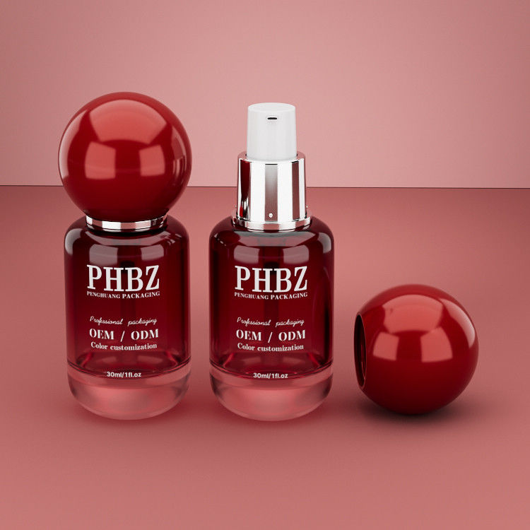 30ml / 1oz vuoto di vetro a gradiente rosso bottiglia di siero cosmetico con tappo a sfera rotonda, colore personalizzato OEM ODM imballaggio per la cura della pelle per lozione olio essenziale